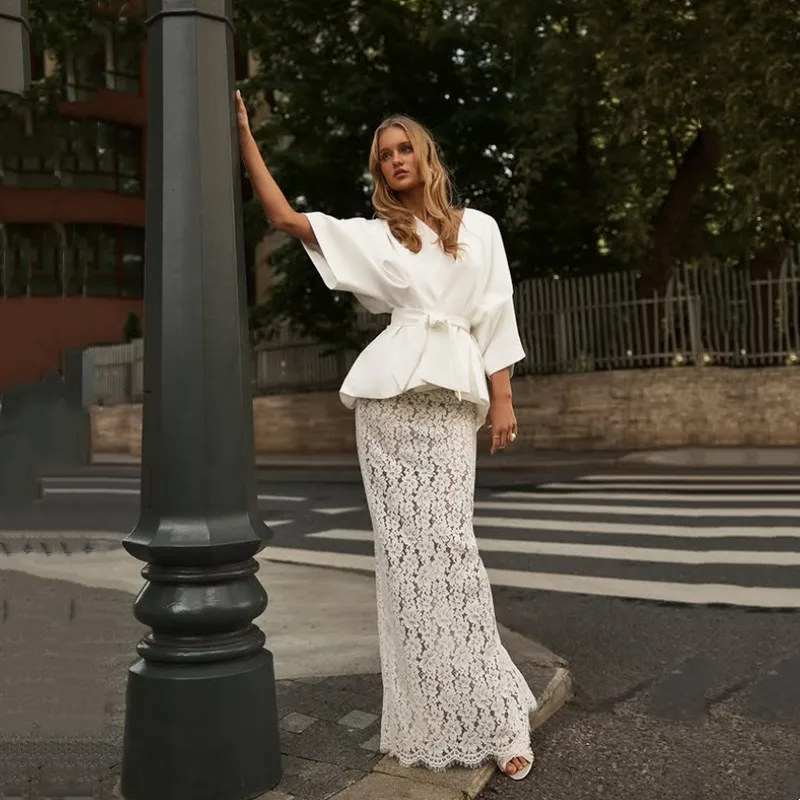 

Love Modern 2piece-set Lace Mermaid Wedding Dress Ivory V-Neck Half Sleeves Bride Gown Pleat Sashes Sexy Ankle-Length High Slit