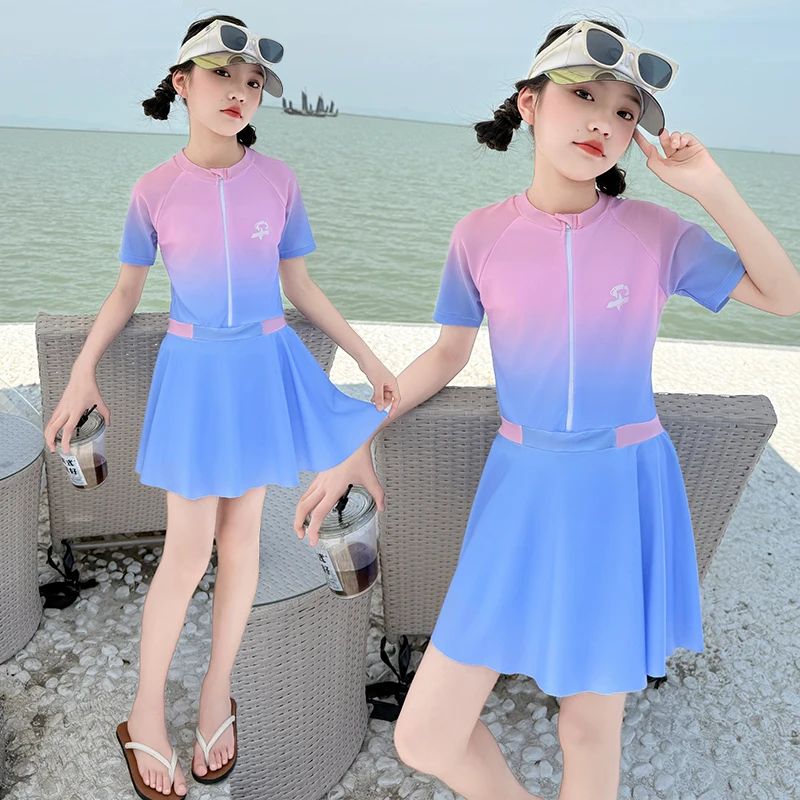 

Girls Swimsuits Child Swimming Suit Students Bathing Wear Little Girls Swimming Dress Baby Swimsuit+UV Protection Set 4-14 Year