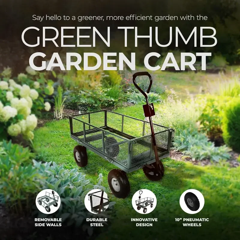 Green Thumb 4 Wheel Powder Coated Steel Garden Cart with Removable Mesh Sidewalls and Handles, Convertible to Trailer Hitch