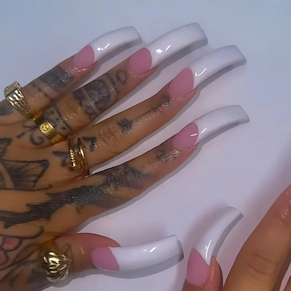20pcs Fashion Curve Square Fake Nails Art Simple White French Long False Nail Sets Finished Reusable Coffin Press on Nails Tips