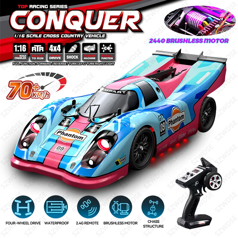 Professional 1:16 2.4G RC CAR With LED Light 4WD Brushless Remote Control Drift Car Racing Toy GTR Model Children Christmas Gift