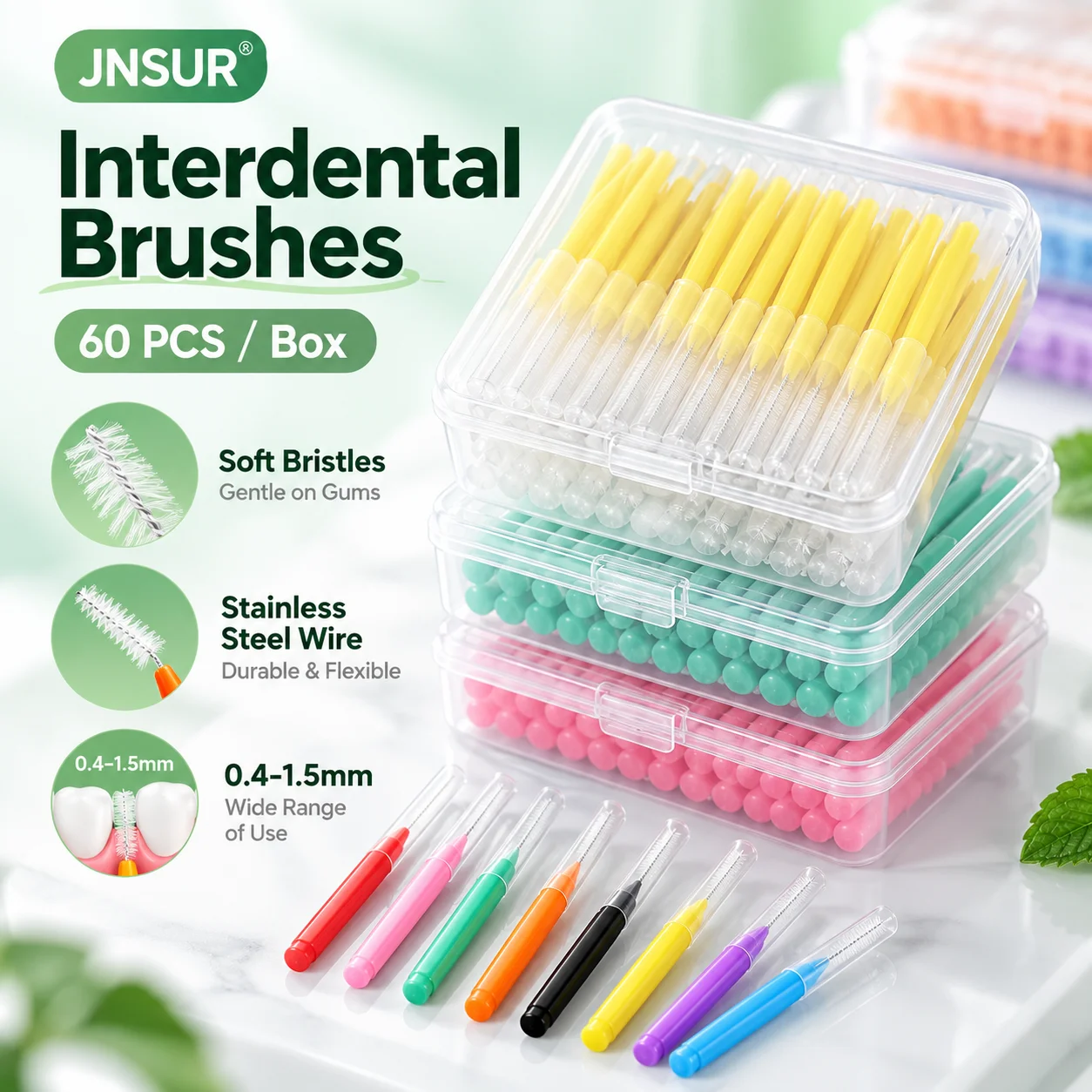JNSUR 60Pcs/Box Interdental Brushes 0.4-1.5mm Soft Bristles Stainless Steel Wire Dental Cleaning Brush with Dustproof Extension