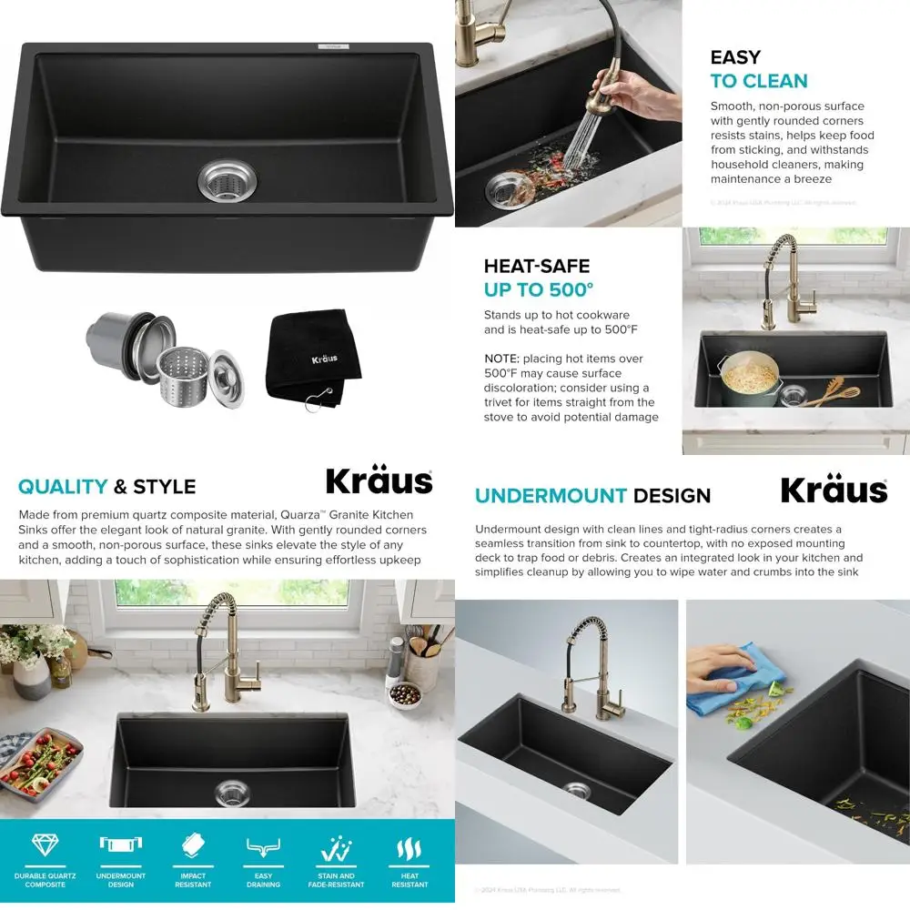 

Kraus Quarza 31 Undermount Granite Single Bowl Kitchen Sink in Black Onyx, Model KGU-413B