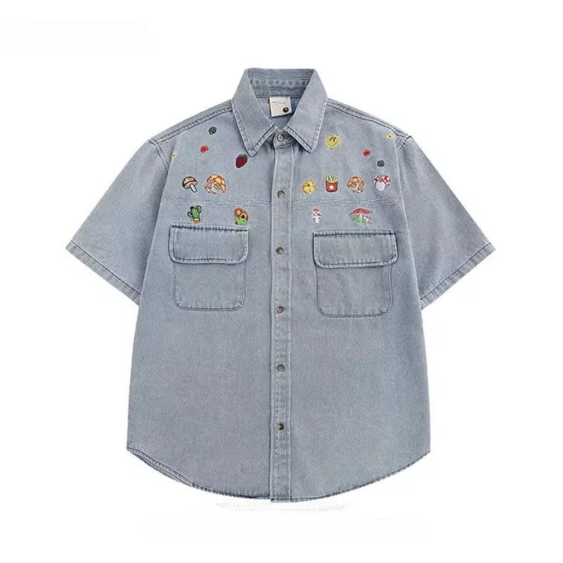 Men Women American Retro Washed Distressed Denim Short-sleeved Shirts Trendy Street Cartoon Embroidery Casual Versatile Blouse