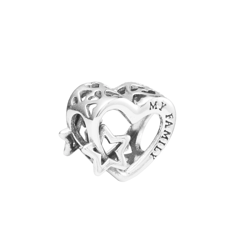 Openwork Family Heart & Star Charm Christmas Crystals Beads For Jewelry Making Mother Kids 925 Sterling Silver Accessories