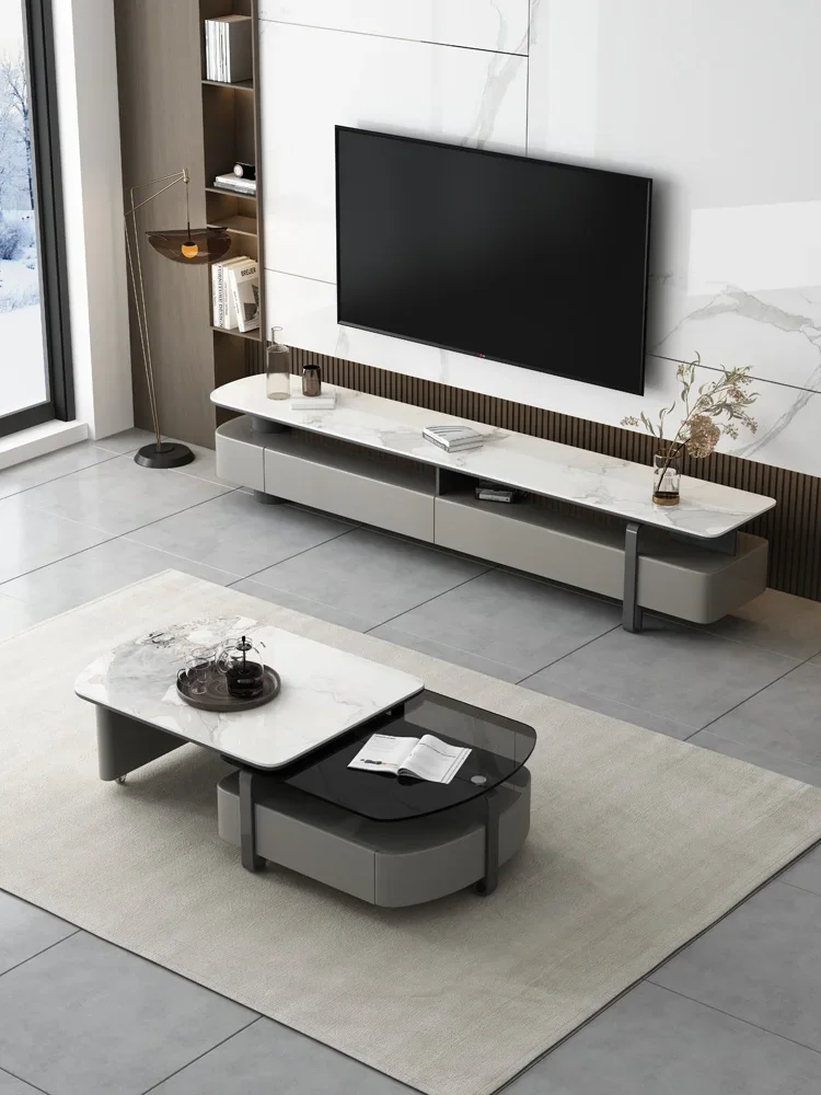 Modern Stone Plate Coffee Table TV Cabinet Combination Living Room Home Light Luxury Small Apartment Glass Tea Table