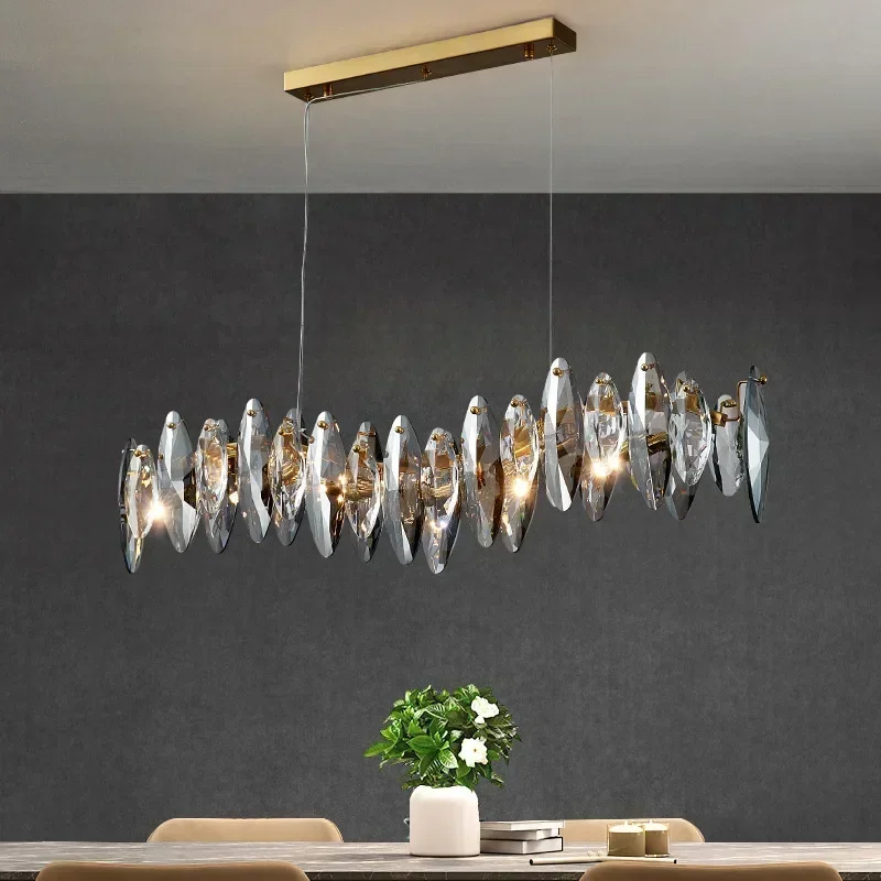Modern Design K9 Crystal Strip Chandelier Pendant Lamp Ceiling Light Dimmable Adjustable Chain for Living Room Kitchen island