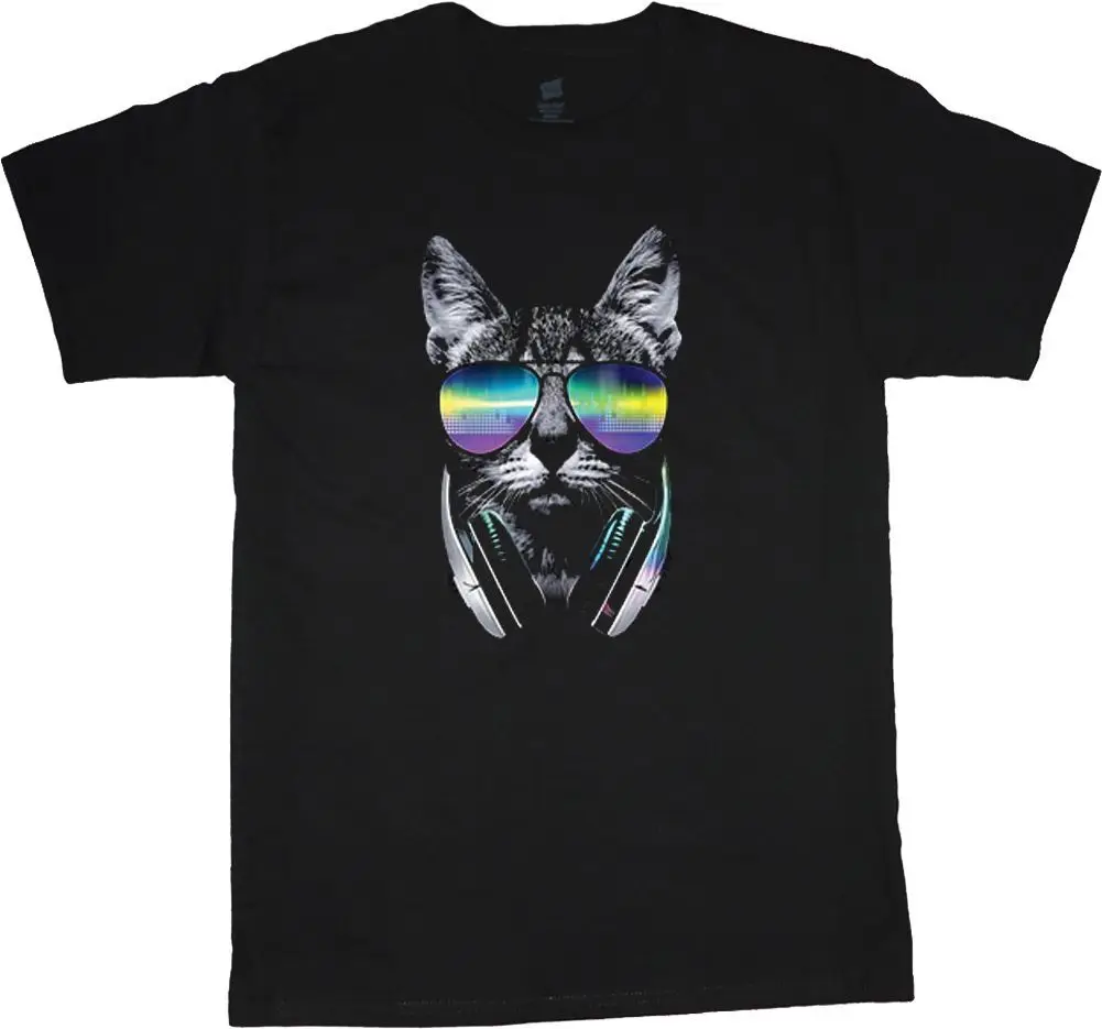 Cat t-shirt for men hipster DJ cat funky hip hop club cool cat men's tee edm