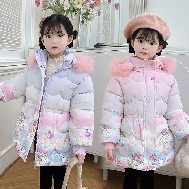 Пуховик Sanrio My Melody для маленьких девочек, зима 2029, модное детское бархатное утепленное пальто принцессы с капюшоном, детская одежда, верхняя одежда