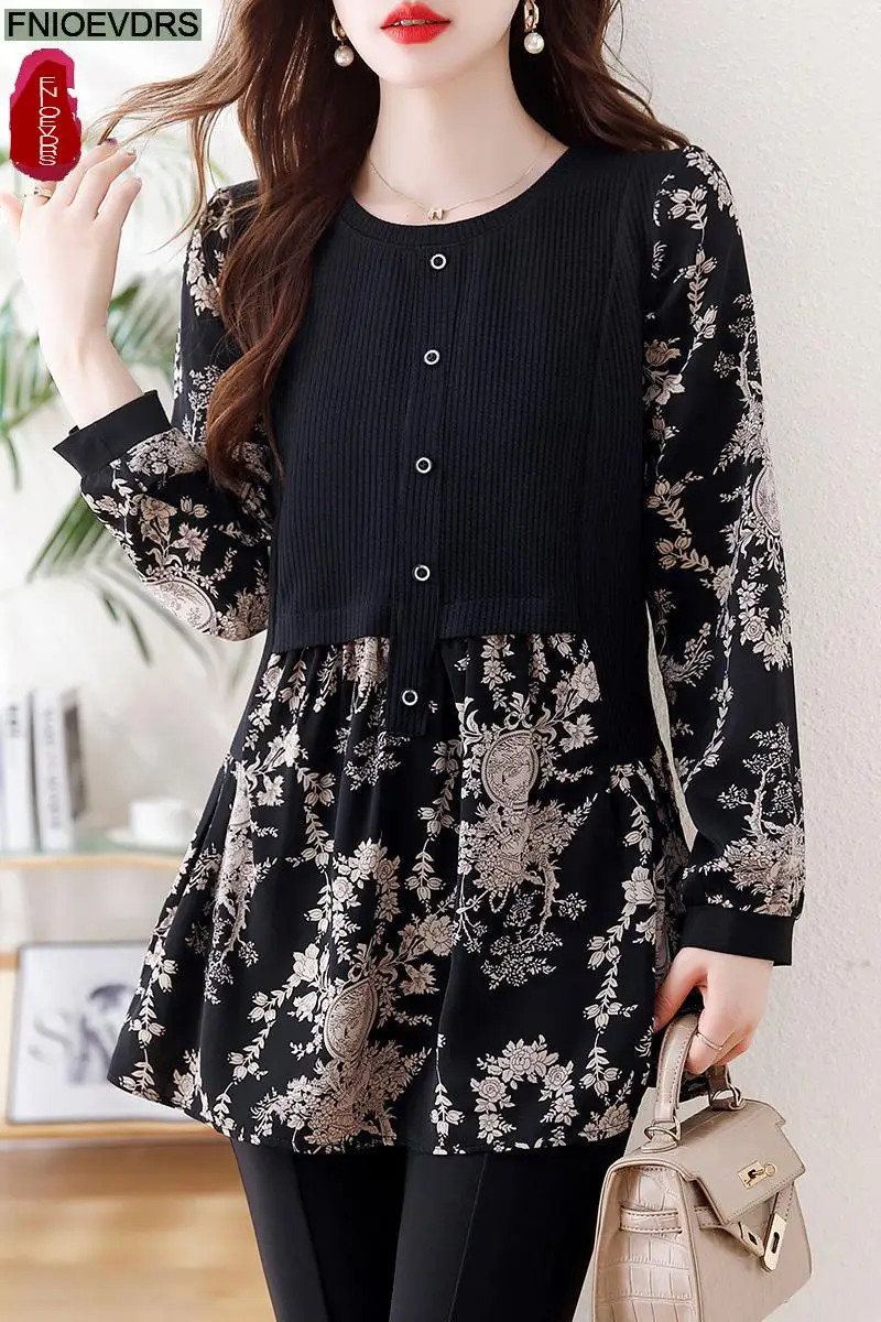 Loose Clothes Women 2024 Autumn Long Elegant Office Lady Floral Shirts Casual Retro Vintage Ruffles Tunic Peplum Tops Blouses