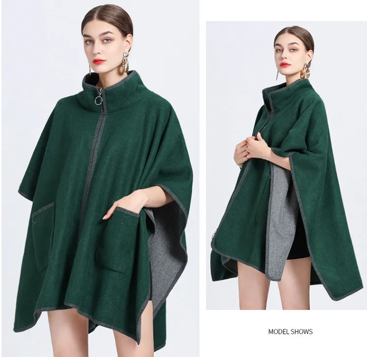 Autumn Winter New Stand Collar Pocket Zipper Cape Knitted Cardigan Woolen Coat Female Ponchos Capes Khaki Cloaks