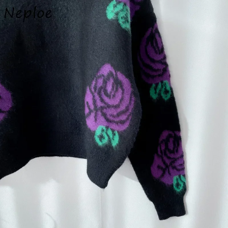 Neploe Autumn O Neck Contrast Color Flower Long Sleeve Pull Femme Jersey Mujer Jumpers Vintage Knitted Pullover Sweater Y2k