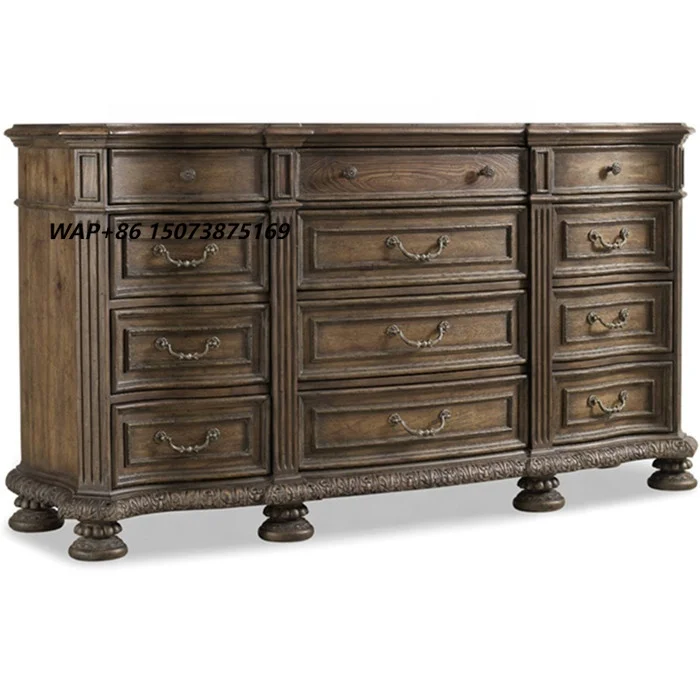 European Furniture Bedroom Solid Wood Oak Vanity Twelve Drawer Dresser with Mirror Furniture