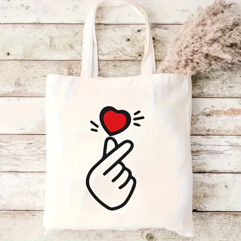 1pc Korean Finger Heart Red Love Canvas Shopping Bag,reusable tote for daily use,grocery,work,school, sweet romantic gift.