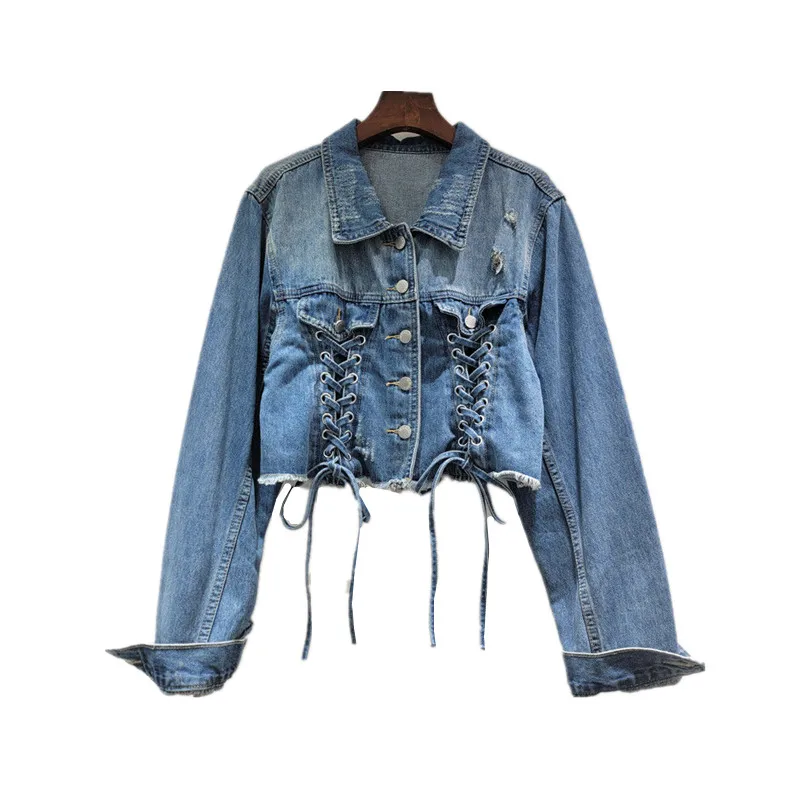 

Fashion Drawstring Bandage Washed Blue Short Rough Edge Denim Coat Women 2026 Autumn New Vintage Long Sleeve Jeans Jacket T1539