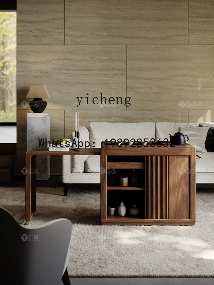 X6  Black Walnut Tea Cart Mobile Side Table Living Room Household Solid Wood Tea Table Balcony Tea Table