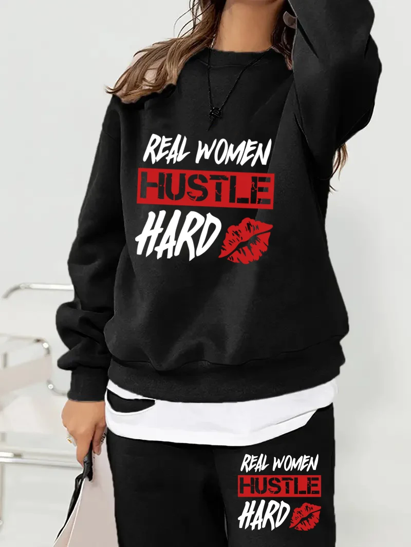 Fashion HUSTLE, lip print lettering 2-piece set, women's casual crewneck long sleeve hoodie and sweatpants set, women's wear