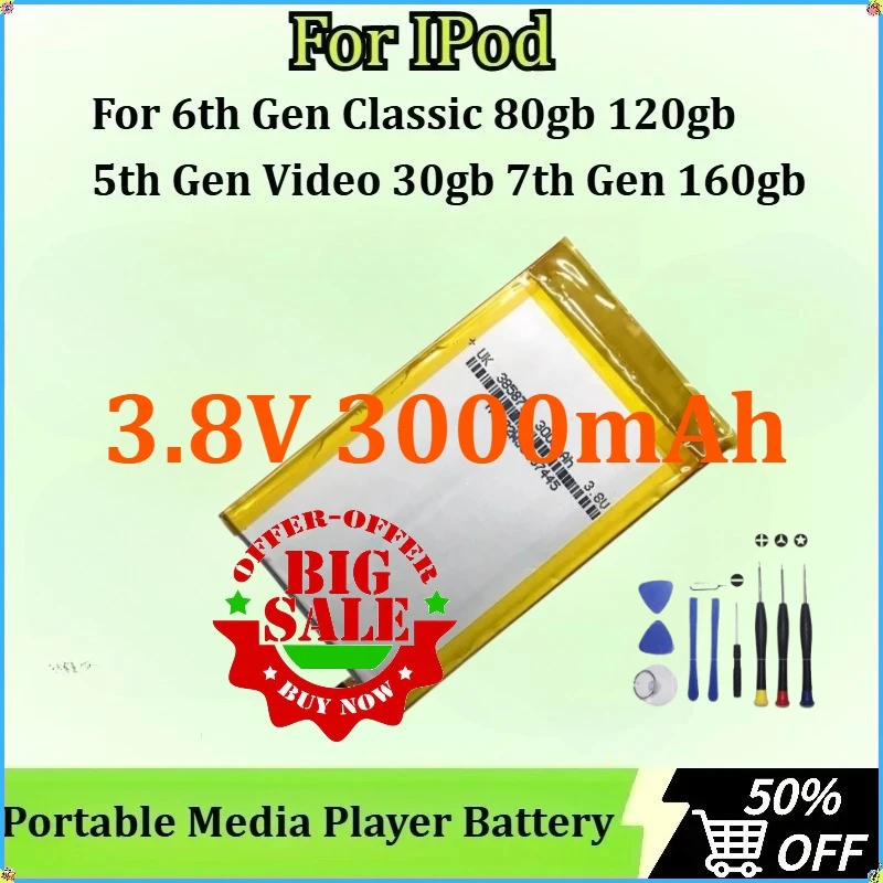 

3.8V 3000mAh for IPod 6th Gen Classic 80gb 120gb 5th Gen Video 30gb 7th Gen 160gb Portable Media Player Battery + Free Tools