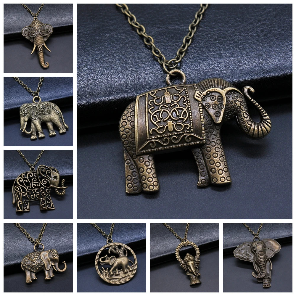 Thai Elephant Pendant Necklace Fashion Vintage Antique Silver Color Big Elephant Necklace Long Chain Metal Chain Necklace