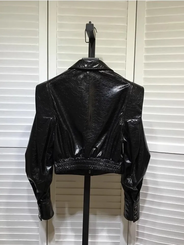 Fashion Square Collar Genuine Leather Womens Short Jacket Single Breasted Street Punk Sheepskin Patent Leather Moto Biker Coat