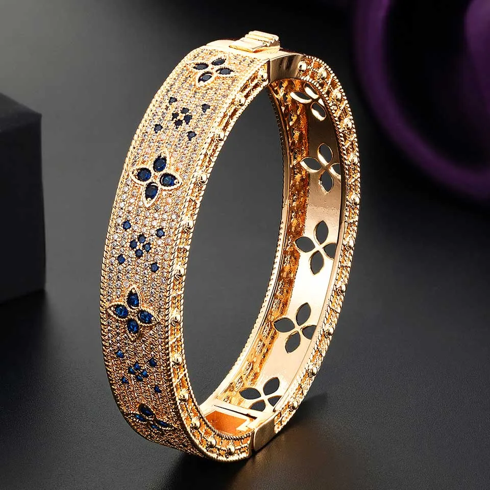 

Zlxgirl luxury brand four leaf dubai Gold bangle bracelet jewelry red blue green zirconia bridal bracelet couple gift free ship