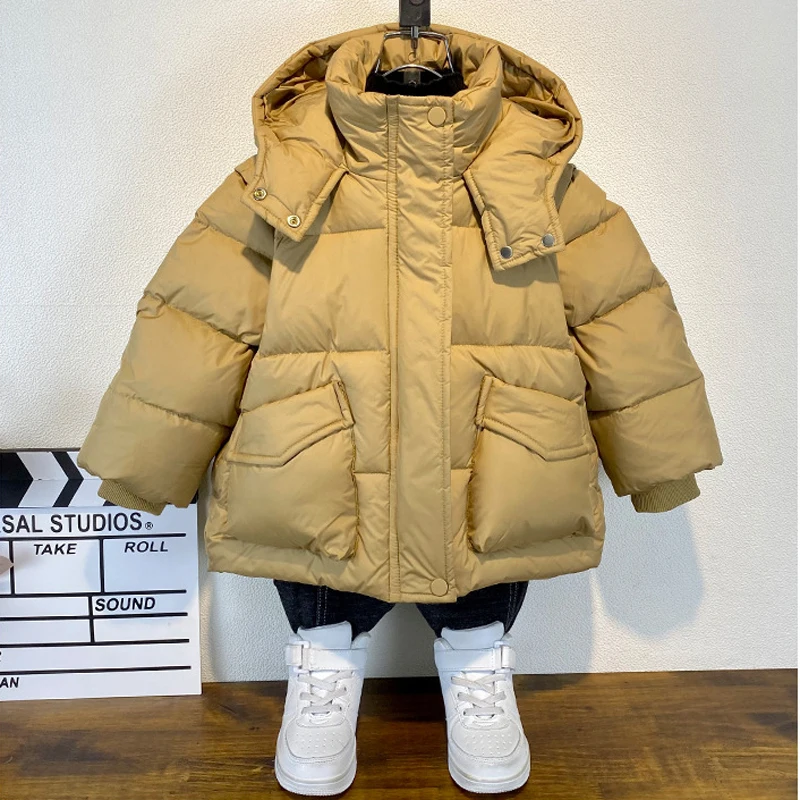 

2023 New 3 Colour Winter Boys Jacket Med-Long Solid Color Thicken Cold Protection Down Cotton Hooded Outwear For 3-12 Years