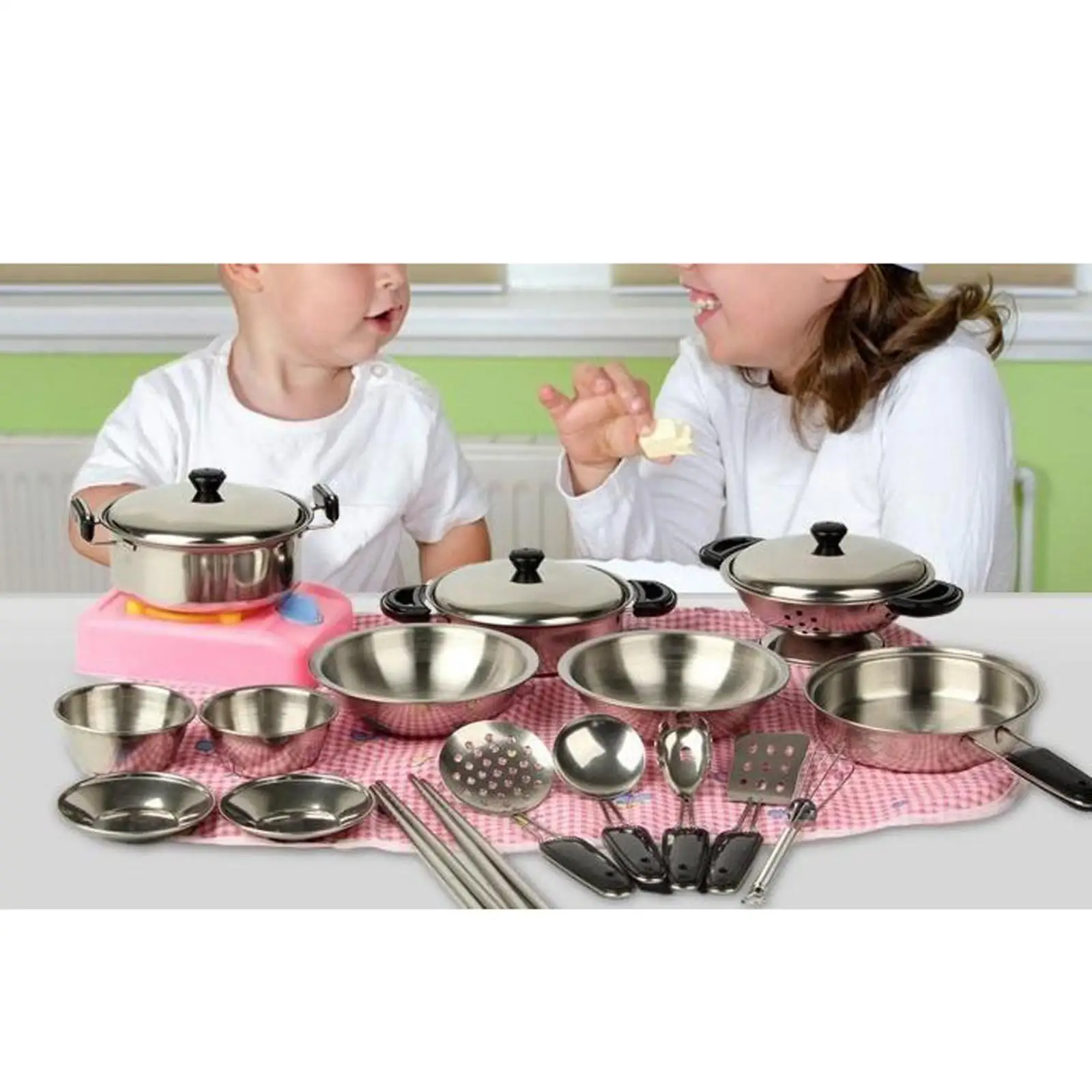 Little Pretend Play Edelstahl-Kochutensilien-Zubehör-Set, Spielzeug mit Kochgeschirr, Töpfen und Pfannen für Kinder und Mädchen