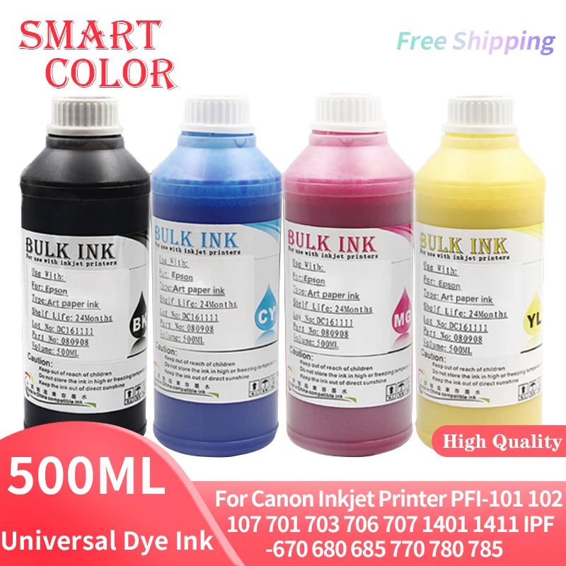 500ML/Bottle Universal Dye Ink For Canon Inkjet Printer PFI-101 102 107 701 703 706 707 1401 1411 IPF-670 680 685 770 780 785