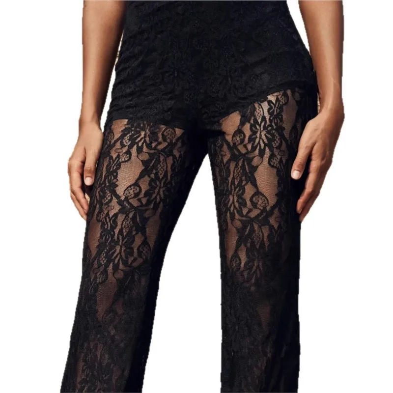 Pantaloni Vintage Neri da Donna con Spacco e Cuciture in Pizzo Sexy a Doppio Strato Casual Primavera Estate Semplici Pantaloni a Zampa Alta