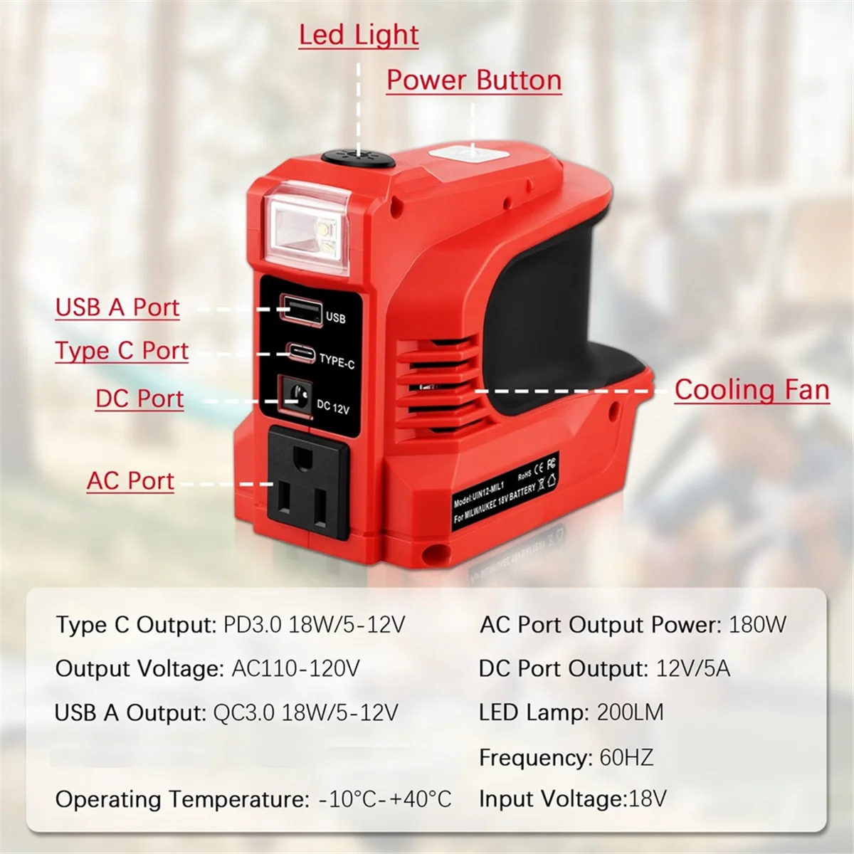 ABJZ 180 W Omvormer voor M-18 18 V Batterij DC 18 V naar AC 110 V-120 V Batterij Omvormer met 2 USB & AC Outlet US Plug