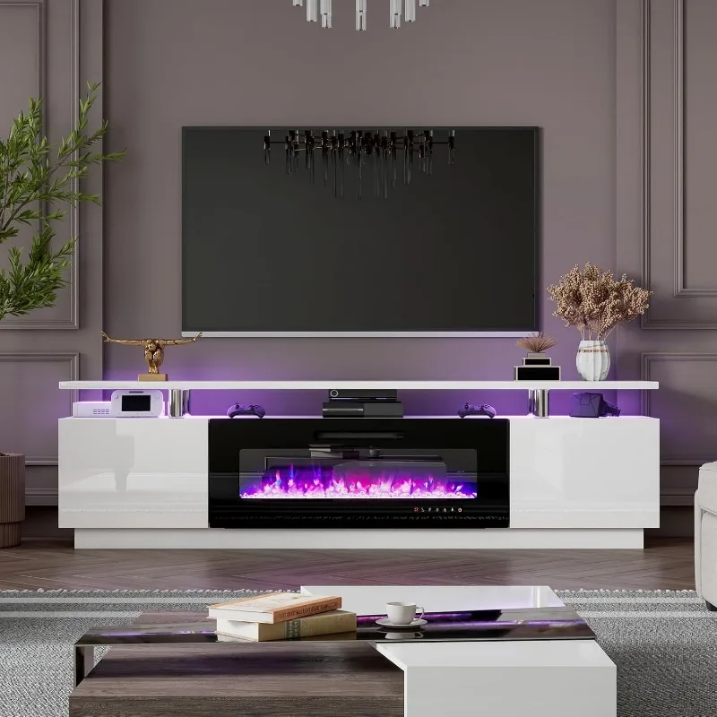 80" Fireplace TV Stand, Modern LED Entertainment Center with 40" Electric Fireplace,High Gloss Finish Media Console with Storage