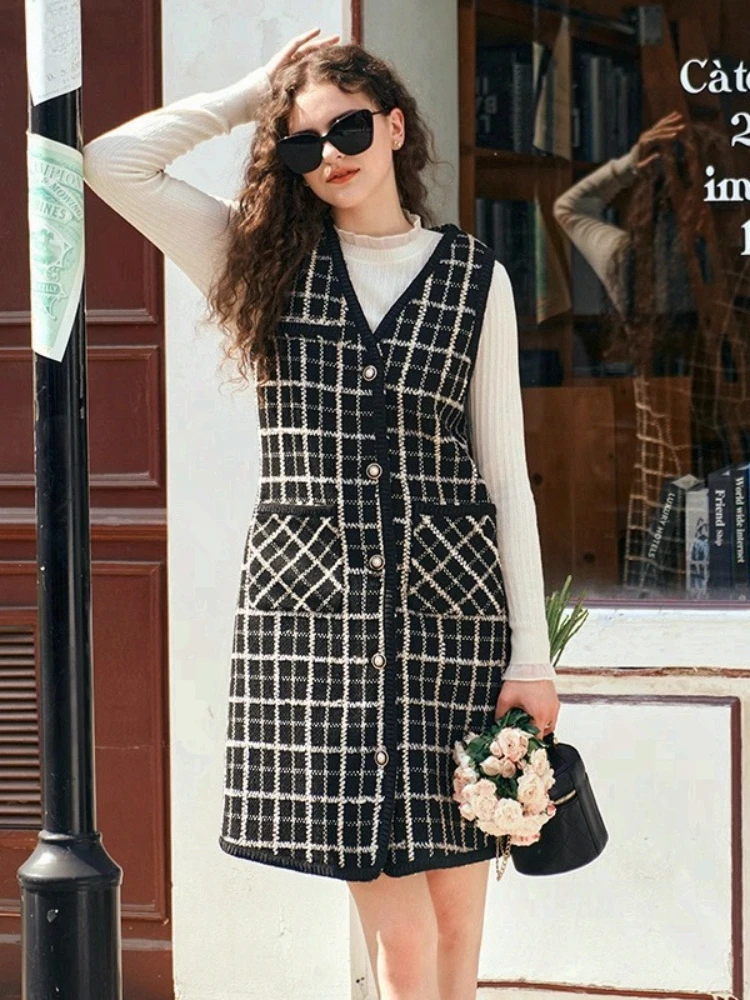 

OLrain Fashion Plaid Vest Dress Women's Autumn 2025 New Temperament Elegant Dresses Sleeveless Single Breasted Dress O23DL89113