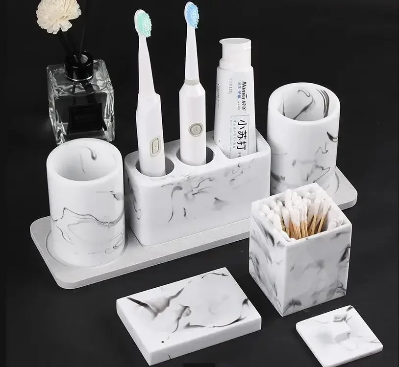 Resin Wash Set Toiletries Bathroom with Tray Toothbrush Holder Mouth Cup Lotion Bottle Cotton Swab Box Soap Dish
