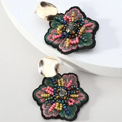 Vintage Flower Beads Handmade Weave Statement Jewelry Big Dangle Drop Earrings For Women Trend Luxury Charm Unique Accessories