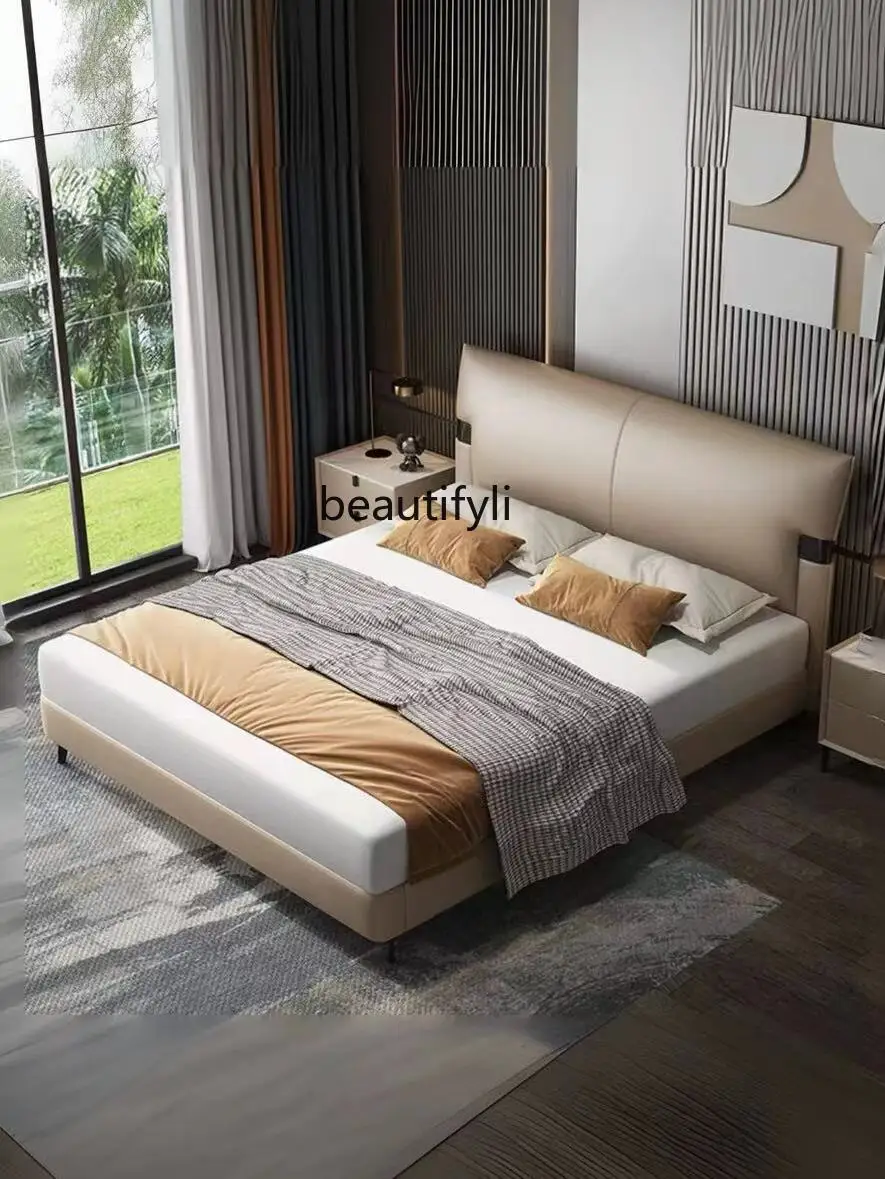 Italian leather bed minimalist modern flush edge soft bed master bedroom first layer cowhide double bed