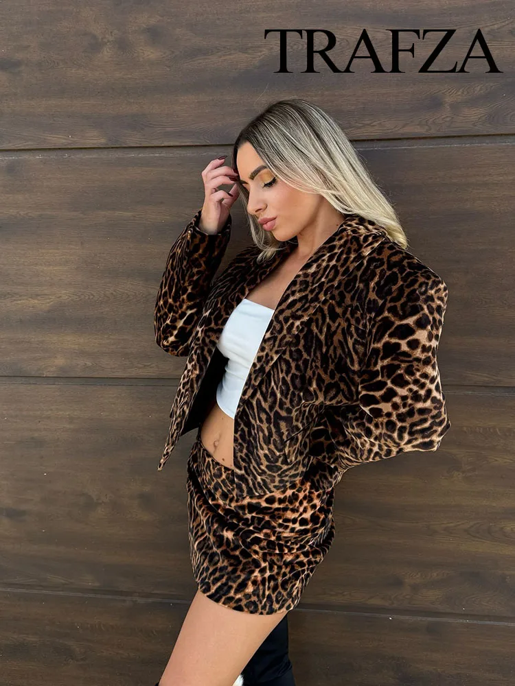 TRAFZA Women 2 Piece Set Fashion Leopard Print Lapel Pocket Decorate Casual Short Coat+High Waist Side Zipper Mini Skirt Mujer