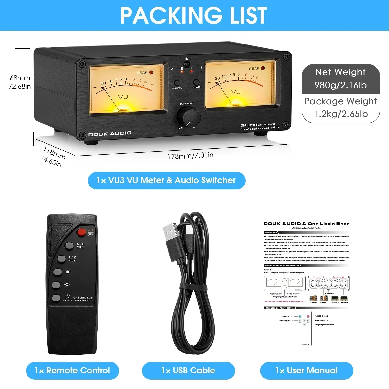 Douk-Amplificador de Audio analógico doble, nivel de sonido, DB Medidor de VU, 2 vías, Selector de caja de conmutación de altavoz con Control remoto