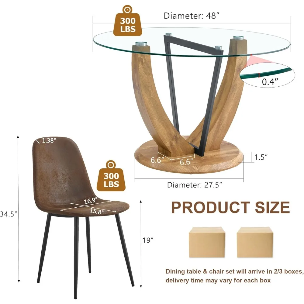 طقم طاولة طعام زجاجية مستديرة مقاس 48 بوصة مع 4 كراسي بنية وقاعدة خشبية للمطبخ