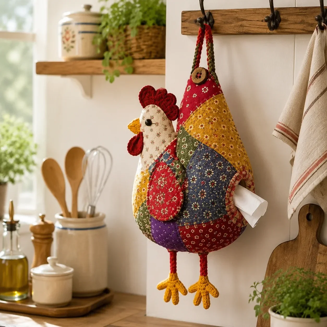 Patchwork Tissue Box Holder Chicken Duck Fabric Cute Rustic Farmhouse Tabletop Napkin Cover Living Room Bedroom Vintage Gift