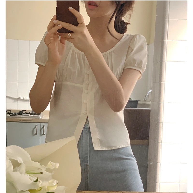 Cotton Crop Tops Blusas Woman Summer Cute Sweet Japan Style Girls Retro Vintage Casual Single-Breasted Button Short Shirts