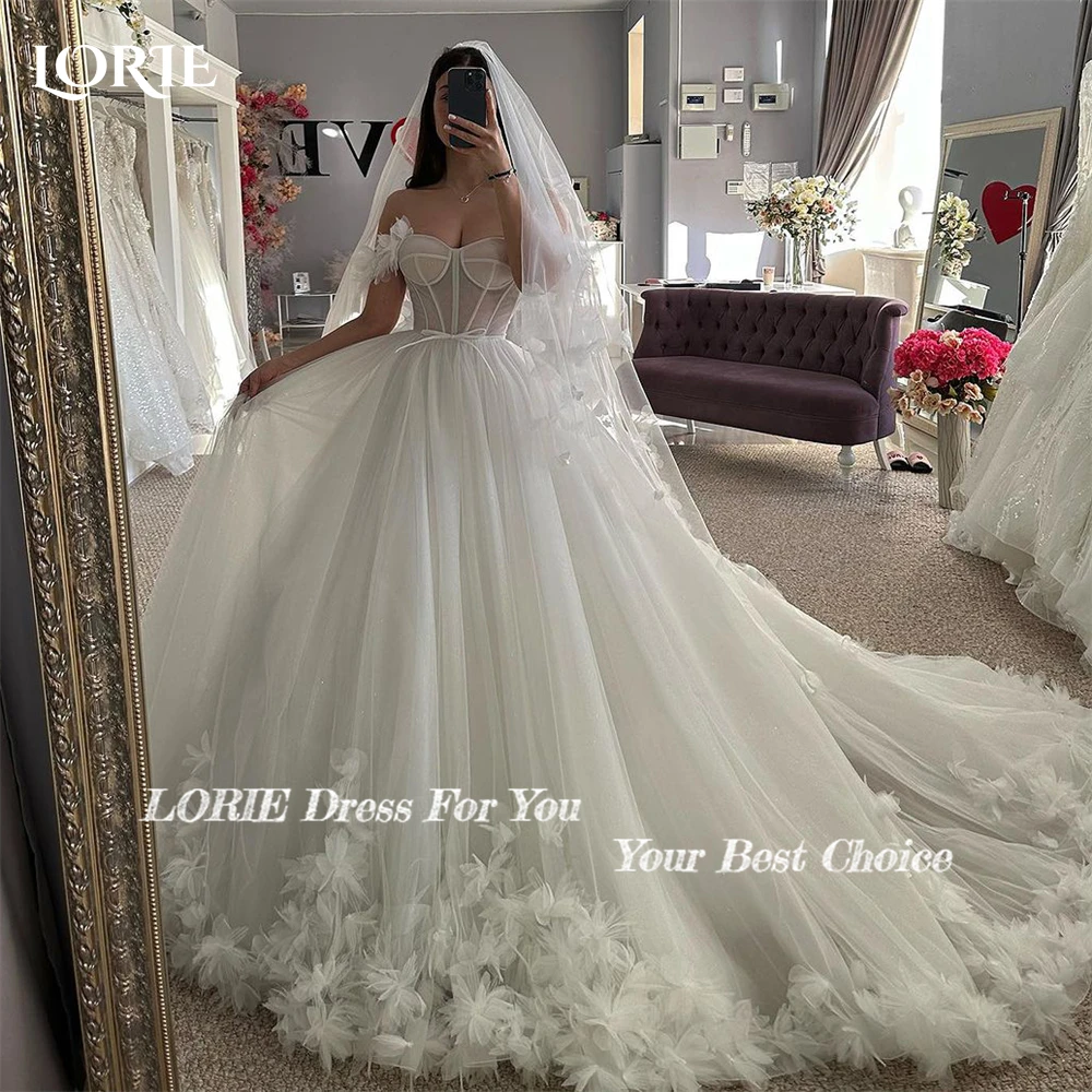 LORIE Impero Abiti da sposa in pizzo con spalle scoperte A-Line Fiori 3D Abiti da sposa senza schienale Appliques Abito da sposa personalizzato principessa