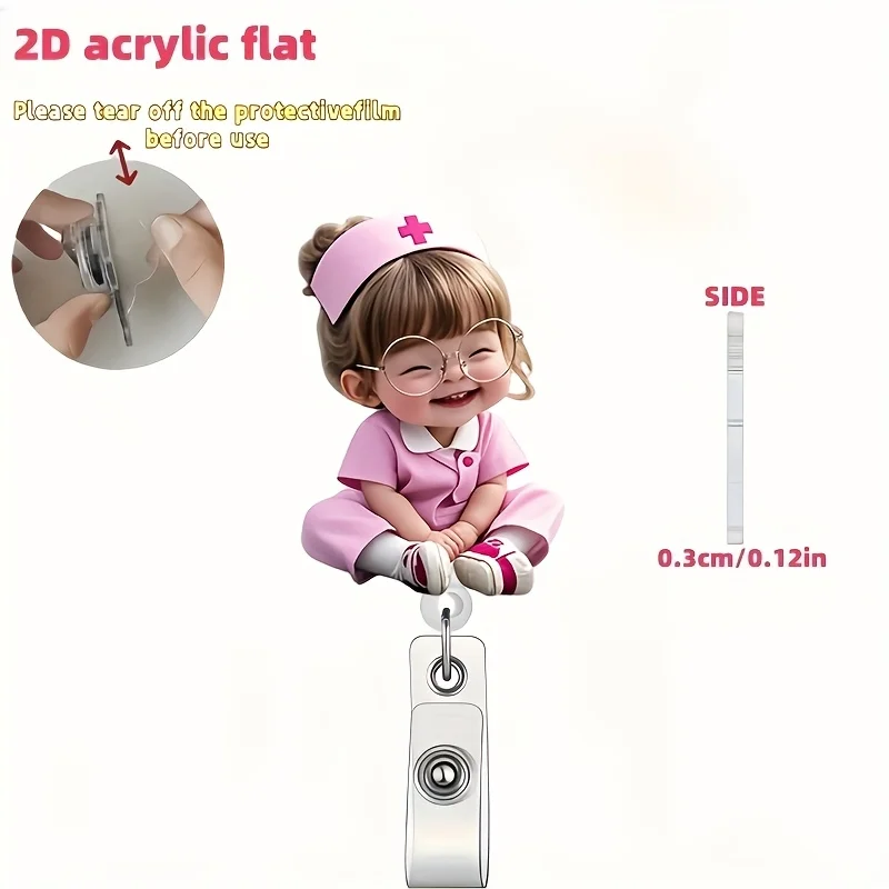 2D Flat, 1pc Cute Nurse Girl with Glasses Pattern Badge Scroll Holder, with Retractable Drawstring, Acrylic Nurse ID Clip