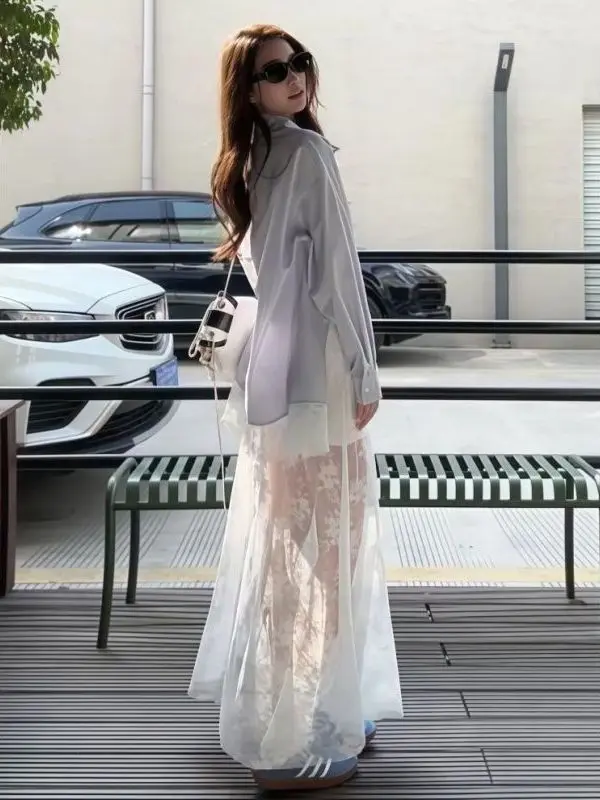 

Blue Lace Open Cardigan And f Skirt Splicing Set Summer Autumn Spring Faion Women's Two-Piece Suit Beach Vaion Sle