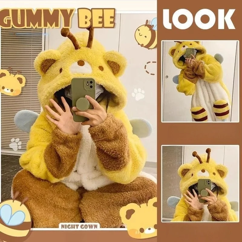 Cartoon Honeybee Pajamas Robes Slipper Kigurumi Unicron Anime Flannel Nightgown Winter Nightdress Party Cosplay Costume Slipper