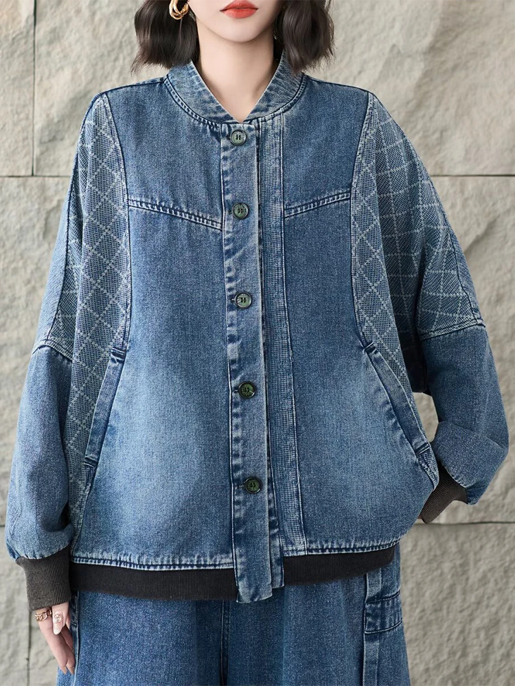 Amax LuluE 2026 Spring Korean Punk Denim Jackets Ladies Vintage Oversized Fashion Coats Womens Classic Leisure Plaid Outerwear