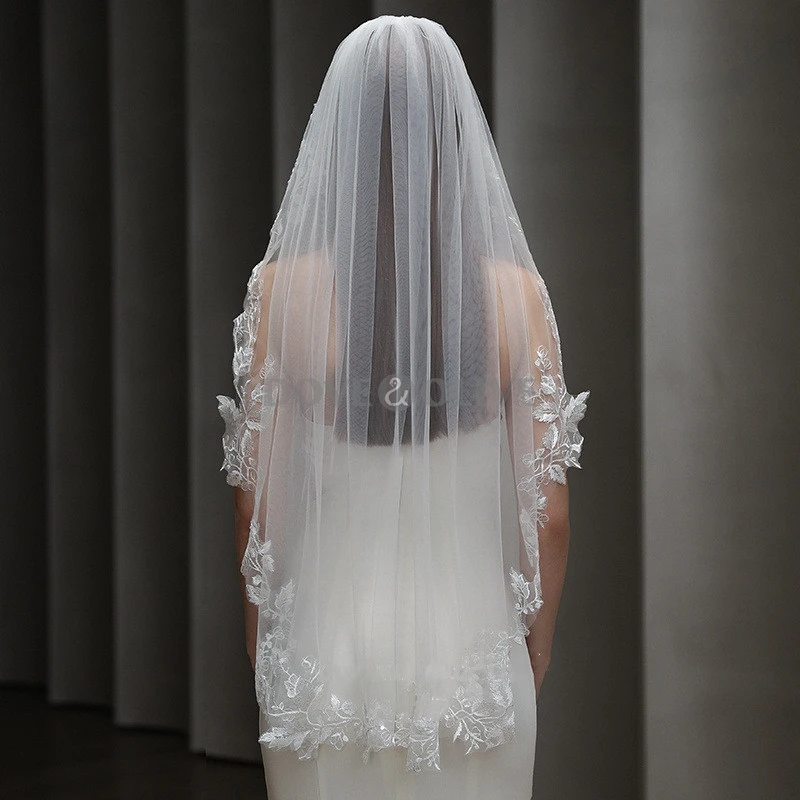 100cm Wedding veil for Brides One Layer with Comb Soft Tulle Lace Appliques Bridal Veils Headpiece Short Wedding Veils image 4