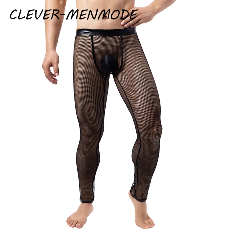 CLEVER-MENMODE Sexy Fishnet PU See-Through Transparent Trousers women Men\'s Porn Mesh Leggings Sissy Exotic Pajama Pants