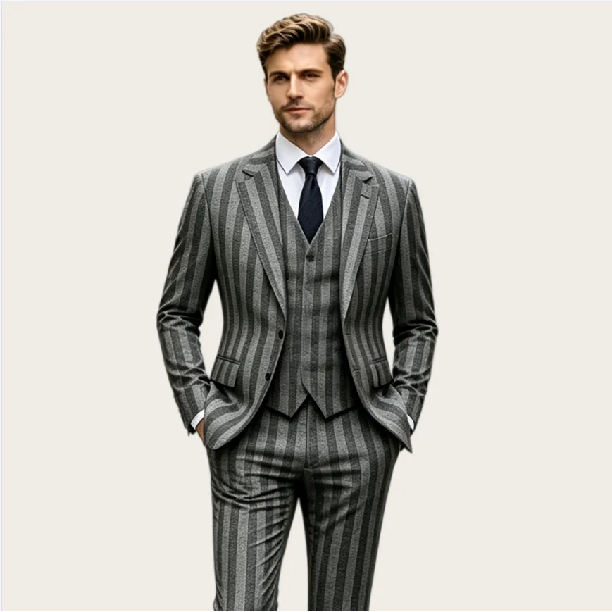 High Quality Men's Suit 3 Piece Black and Gray Pinstripe Tuxedo Prom Slim Fit Party Blazer Business Jacket+Vest+Pants Customized