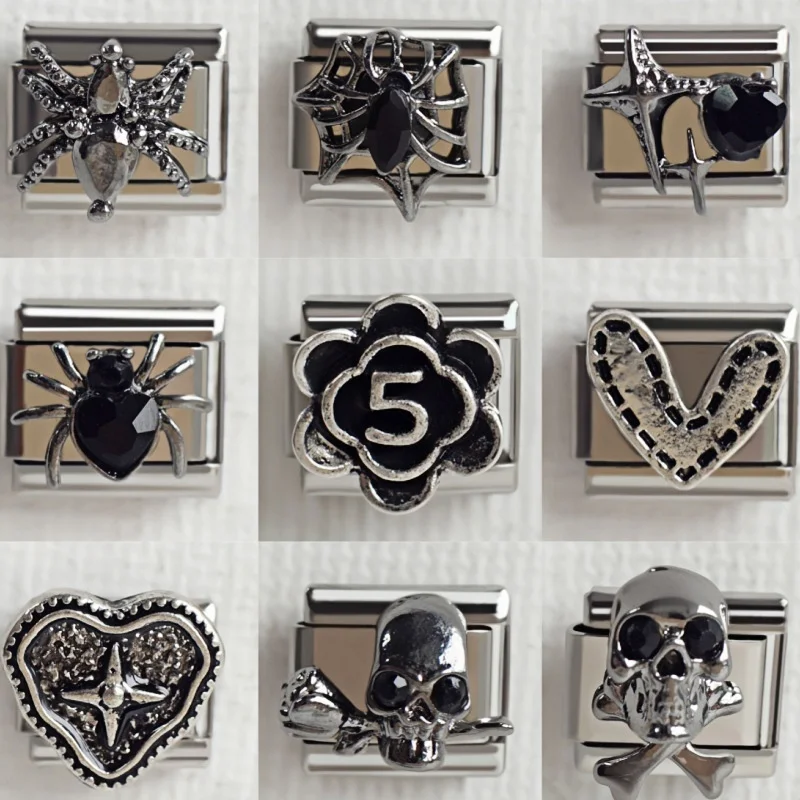 Image of Y2K Schwarzer Spinnenschädel Herz Italienischer Charm Edelstahl Geeignet für 9MM Armband DIY Schmuckherstellung Geschenk Großhandel
