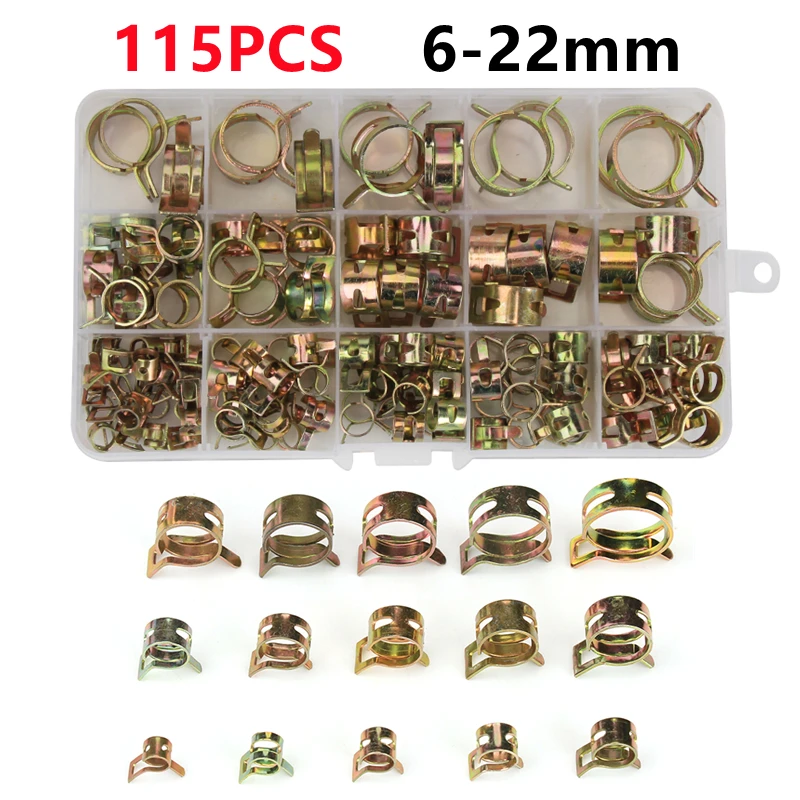 115PCS 6MM~22MM Hose Clamp Zinc Plated Spring Hose Pipe Clamps Air Clip Clamp Fuel Spring Clip Vacuum Water Tube Clamp